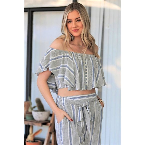 Angie Pants - Crop Top & Wide Leg Pants Set. Blue Gray White Stripe. S M & L. Angie Brand. NWT